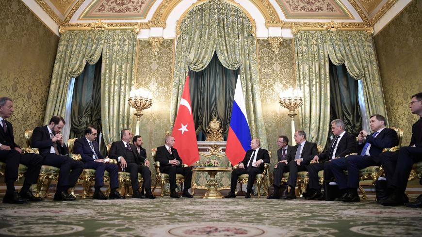 Russian and Turkish delegations, led by Presidents Vladimir Putin and Tayyip Erdogan, attend a meeting at the Kremlin in Moscow, Russia April 8, 2019. Sputnik/Alexei Nikolsky/Kremlin via REUTERS  ATTENTION EDITORS - THIS IMAGE WAS PROVIDED BY A THIRD PARTY. - RC16BFAECE20
