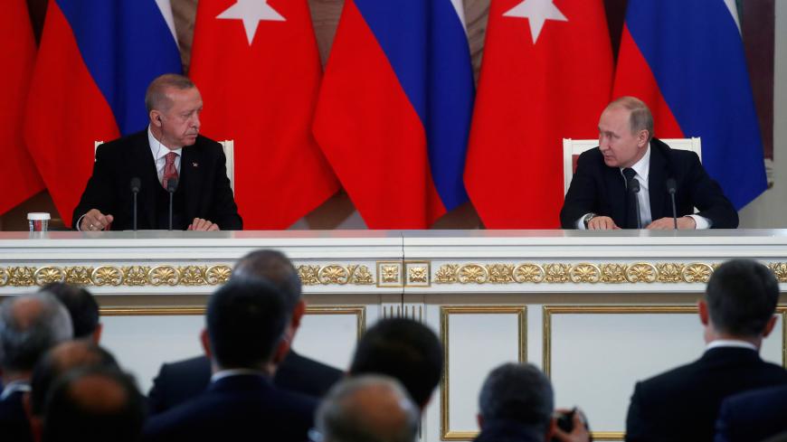 Russian President Vladimir Putin and Turkish President Tayyip Erdogan attend a meeting in the Kremlin in Moscow, Russia April 8, 2019. Maxim Shipenkov/Pool via REUTERS - RC118C028D80