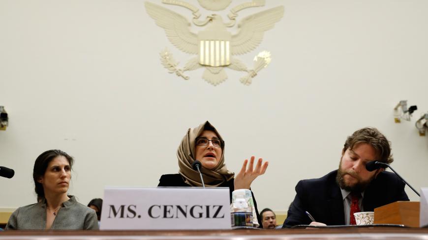 Hatice Cengiz, fiancee of murdered journalist Jamal Khashoggi, testifies before a House Foreign Affairs Subcommittee hearing on "The Dangers of Reporting on Human Rights" on Capitol Hill in Washington U.S., May 16, 2019. REUTERS/Kevin Lamarque - RC1D7A0812B0
