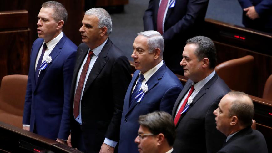 Israeli Prime Minister Benjamin Netanyahu sings the national anthem during the inauguration ceremony of Israel's 21st Knesset, or parliament, in Jerusalem April 30, 2019. REUTERS/Ronen Zvulun - RC1D3EF81D40