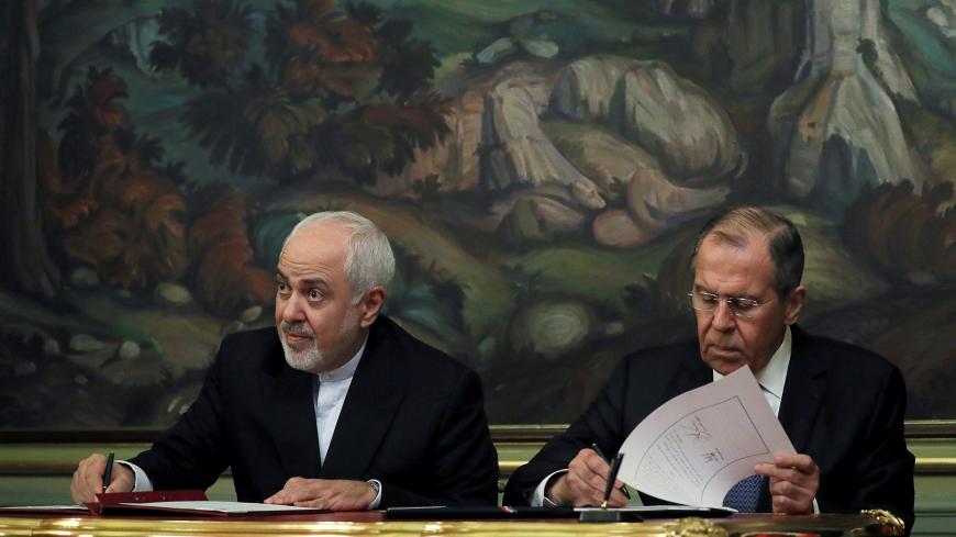 Russian Foreign Minister Sergei Lavrov and his Iranian counterpart Mohammad Javad Zarif attend a news conference in Moscow, Russia May 8, 2019. REUTERS/Evgenia Novozhenina - RC1705C87F10