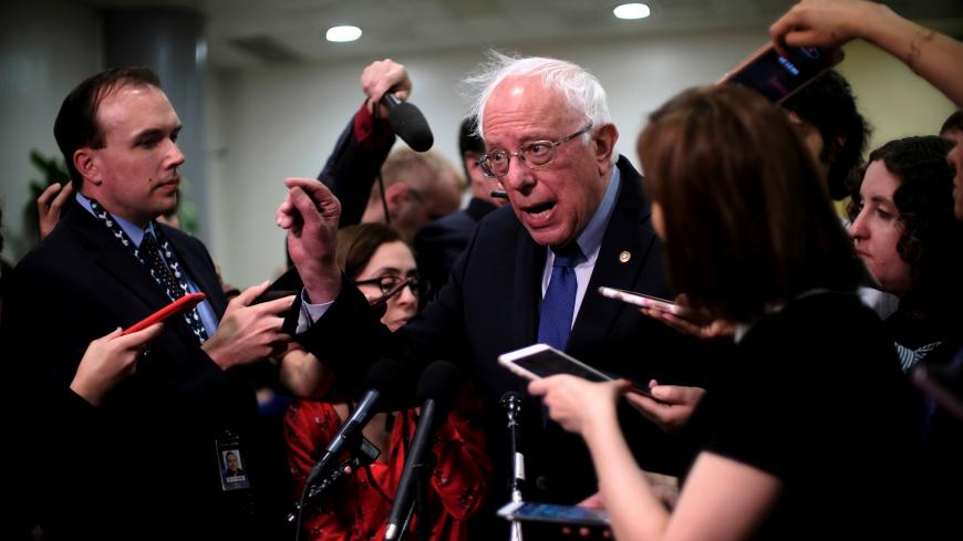U.S. Senator Bernie Sanders (I-VT) speaks to reporters after being briefed on Iran by the Secretary of State and acting Defense Secretary on Capitol Hill in Washington, U.S., May 21, 2019. REUTERS/James Lawler Duggan - RC1FC8F878D0