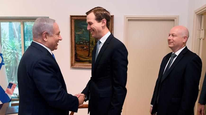 Israeli Prime Minister Benjamin Netanyahu greets Senior White House advisor Jared Kushner and Middle East envoy Jason Greenblatt, during their meeting in Jerusalem May 30, 2019. Matty Stern/U.S. Embassy Jerusalem/Handout via REUTERS ATTENTION EDITORS - THIS IMAGE HAS BEEN SUPPLIED BY A THIRD PARTY. *** Local Caption *** ????? ????? ?? ????? ????? ?'??? ?????, ????? ?????? ???? ???? ?'????? ??????? ?????? ?????? ????? ????? ????? ??? ????? ???? ??????? (30 ????, 2019) ?? ??? ?????? ?????? ?????? ?????? ?????