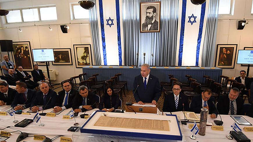 PM Netanyahu at the special Cabinet meeting at Independence Hall in Tel Aviv
