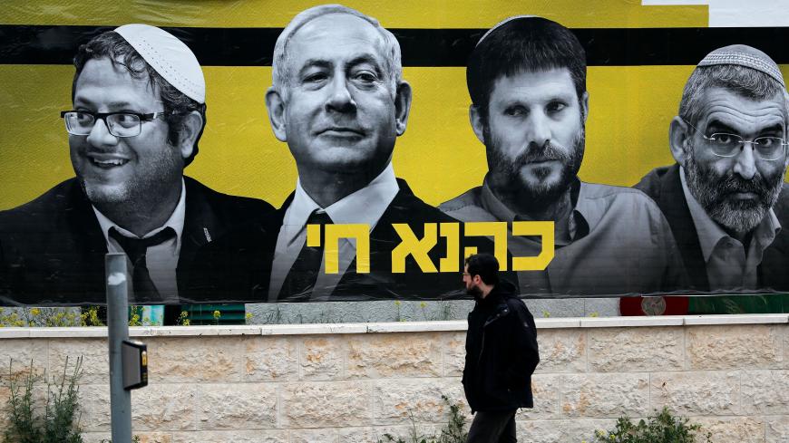 An Israeli man walks past an electoral billboard bearing portraits of Prime Minister Benjamin Netanyahu flanked by extreme right politicians Itamar Ben Gvir, Bezalel Smotrich and Michael Ben Ari, with a caption in Hebrew reading "Kahana Lives" in a reference to a banned ultranationalist party in the 1994, in Jerusalem, on March 29, 2019. - Israeli general elections will be held on April 9, 2019. (Photo by THOMAS COEX / AFP)        (Photo credit should read THOMAS COEX/AFP/Getty Images)