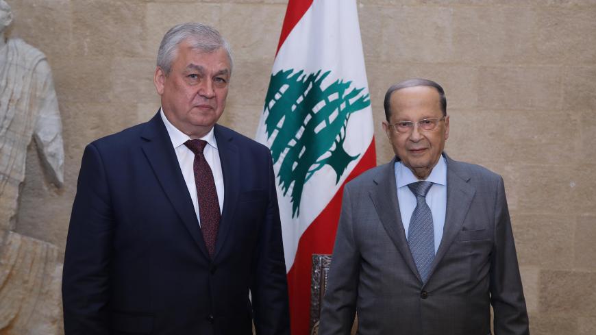BEIRUT, LEBANON - JUNE 19 :  (----EDITORIAL USE ONLY  MANDATORY CREDIT - "LEBANESE PRIME MINISTRY OFFICE / HANDOUT" - NO MARKETING NO ADVERTISING CAMPAIGNS - DISTRIBUTED AS A SERVICE TO CLIENTS----)  Russian Presidential Envoy for Syria Alexander Lavrentyev (L) meets Lebanese President Michel Aoun (R) in Beirut, Lebanon on June 19, 2019. (Photo by LEBANESE PRIME MINISTRY OFFICE / HANDOUT/Anadolu Agency/Getty Images)