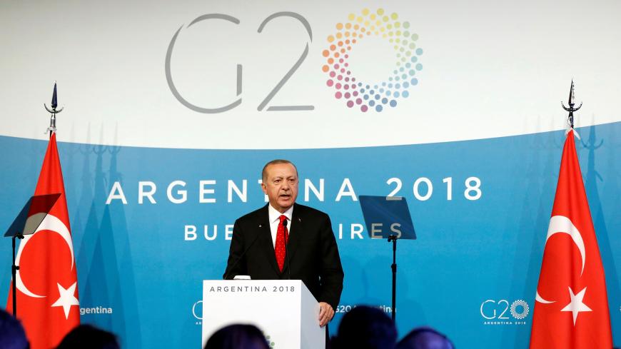Turkish President Tayyip Erdogan holds a news conference on the final day of the G20 leaders summit in Buenos Aires, Argentina December 1, 2018. REUTERS/Andres Stapff - RC1A7F61AE00