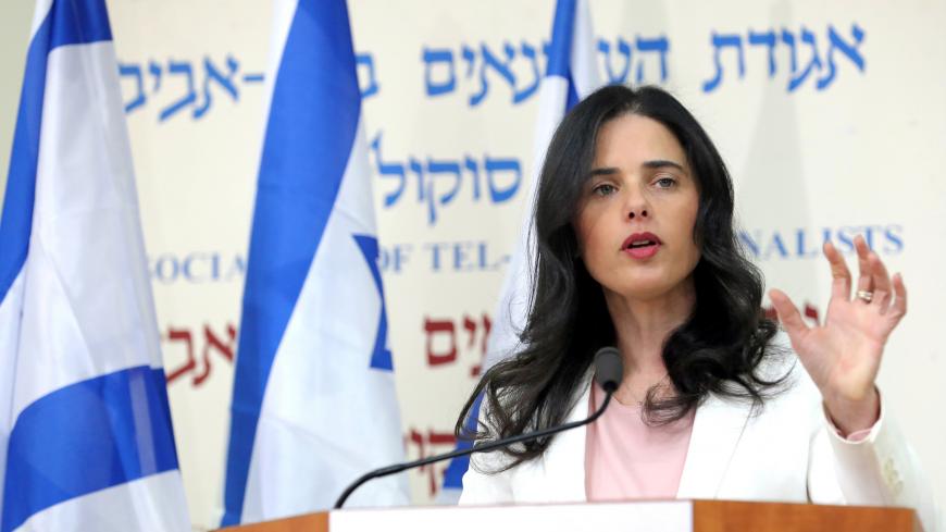 Israeli Justice Minister Ayelet Shaked, from the Jewish Home party, delivers a statement in Tel Aviv, Israel December 29, 2018. REUTERS/Corinna Kern - RC1F3D22E2C0