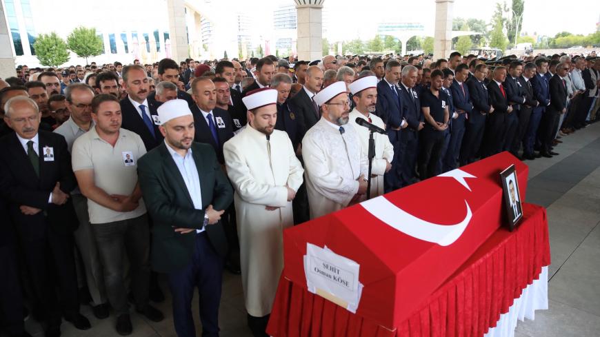 ANKARA, TURKEY - JULY 18: Chairman of the Republican People's Party (CHP) Kemal Kilicdaroglu, Turkish Interior Minister Suleyman Soylu, Turkish Foreign Minister Mevlut Cavusoglu, Turkish Justice Minister Abdulhamit Gul, Head of the National Intelligence Organization (MIT) of Turkey Hakan Fidan and Grand Unity Party (BBP) Chairman Mustafa Destici attend the funeral of Turkish diplomat Osman Kose, who was martyred in an armed attack in Iraq's Erbil, at Ahmet Hamdi Akseki Mosque in Ankara, Turkey on July 18, 2