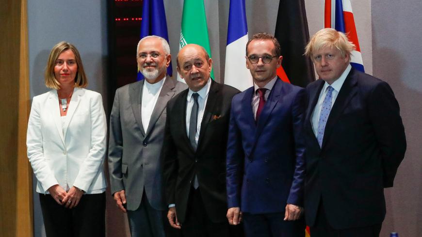 Britain's Foreign Secretary Boris Johnson, German Foreign Minister Heiko Maas, French Foreign Minister Jean-Yves Le Drian and EU High Representative for Foreign Affairs Federica Mogherini take part in meeting with Iran's Foreign Minister Mohammad Javad Zarif in Brussels, Belgium, May 15, 2018.  REUTERS/Yves Herman/Pool - RC16D13AE4C0