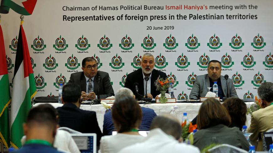 Hamas Chief Ismail Haniyeh attends a meeting with members of international media at his office in Gaza City June 20, 2019. REUTERS/Mohammed Salem - RC1BD07EC530