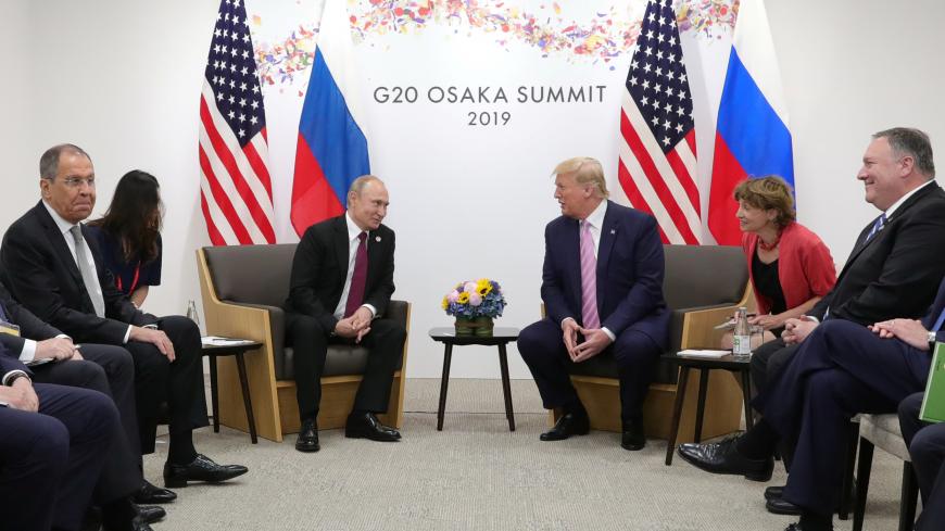 Russia's President Vladimir Putin (3rd L), Russia's Foreign Minister Sergei Lavrov (L), U.S. President Donald Trump (3rd R) and U.S. Secretary of State Mike Pompeo (R) attend a meeting on the sidelines of the G20 summit in Osaka, Japan June 28, 2019. Sputnik/Mikhail Klimentyev/Kremlin via REUTERS  ATTENTION EDITORS - THIS IMAGE WAS PROVIDED BY A THIRD PARTY. - RC1B7825C230