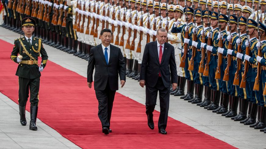 Turkish President Recep Tayyip Erdogan and China's President Xi Jinping inspect an honour guard during a welcome ceremony at the Great Hall of the People in Beijing, China, July 2, 2019. Picture taken July 2, 2019. Roman Pilipey/Pool via REUTERS - RC17B3CEB130