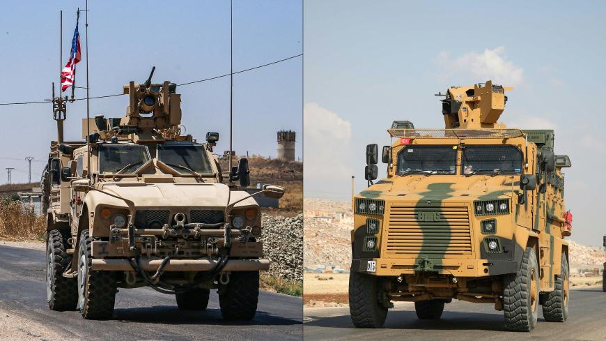 (COMBO) This combination of pictures created on August 08, 2019, shows armoured vehicles of the US-led coalition driving in the town of Ras al-Ain in Syria's Hasakeh province near the Turkish border on July 28, 2019, and a convoy of Turkish armoured vehicles driving towards Bab al-Hawa crossing point between Syria and Turkey on a highway in the northern countryside of the Syrian province of Idlib on June 20, 2019. - A top Syrian Kurdish official gave a guarded welcome Thursday to a US-Turkish agreement to e