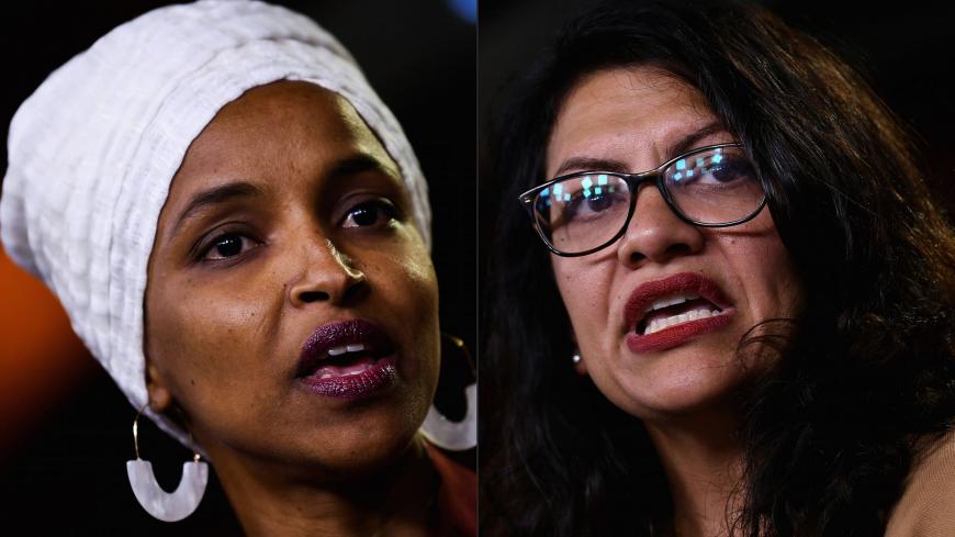 (COMBO) This combination of pictures created on August 15, 2019 shows Democrat US Representatives Ilhan Abdullahi Omar (L) and Rashida Tlaib during a press conference, to address remarks made by US President Donald Trump earlier in the day, at the US Capitol in Washington, DC on July 15, 2019. - Influential US pro-Israel lobby AIPAC on August 15, 2019 opposed Prime Minister Benjamin Netanyahu's decision to bar two Muslim American members of Congress from visiting the Jewish state."We disagree with Reps. Oma