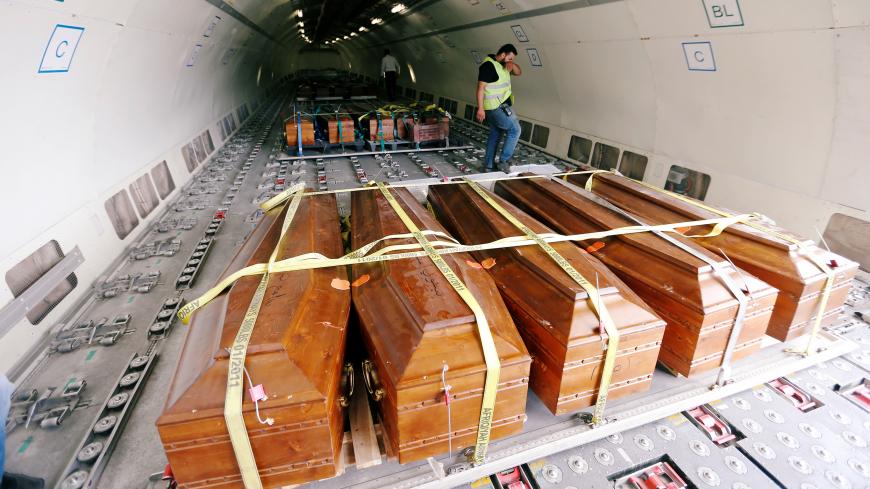 Coffins containing the remains of the bodies of Egyptian Copts killed by Islamic State militants in Sirte are carried by the plane to be transferred to Egypt, in Misrata, Libya May 14, 2018. REUTERS/Ismail Zitouny - RC1A03D61FF0
