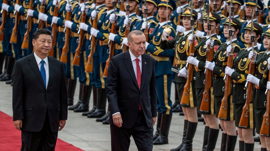 Turkish President Recep Tayyip Erdogan and China's President Xi Jinping inspect an honour guard during a welcome ceremony at the Great Hall of the People in Beijing, China, July 2, 2019. Picture taken July 2, 2019. Roman Pilipey/Pool via REUTERS - RC12EB6F5B40