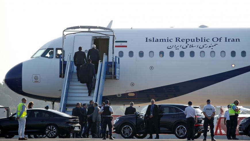 An Iranian government plane is seen on the tarmac at Biarritz airport in Anglet during the G7 summit in Biarritz, France, August 25, 2019. Iran’s foreign minister Mohammad Javad Zarif arrived on Sunday in Biarritz, southwestern France, where leaders of the G7 group of nations are meeting, an Iranian official said.   REUTERS/Regis Duvignau - RC12D3EBA530