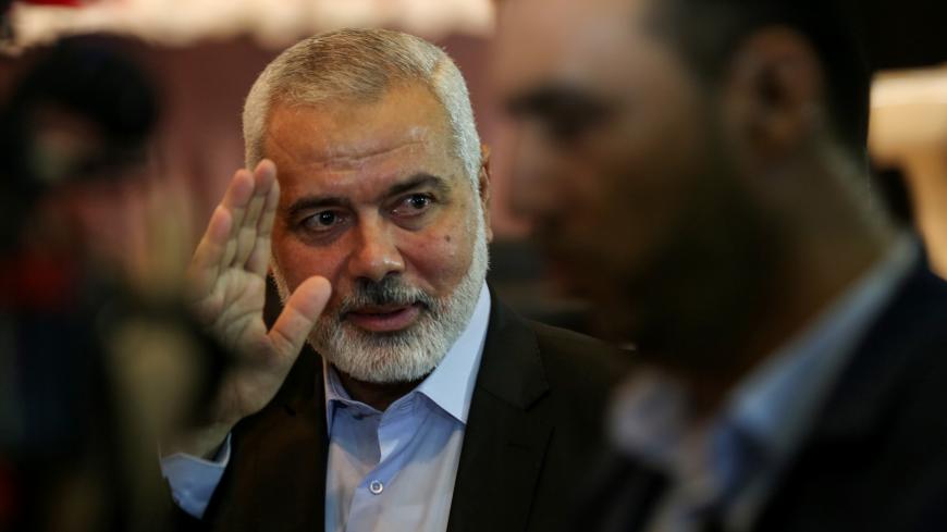 GAZA CIY, GAZA - SEPTEMBER 02: Head of the Political Bureau of Hamas Ismail Haniyeh attends the commemoration ceremony for the three policemen in two suicide bomb attacks and in Gaza City, Gaza on September 02, 2019.  (Photo by Mustafa Hassona/Anadolu Agency via Getty Images)