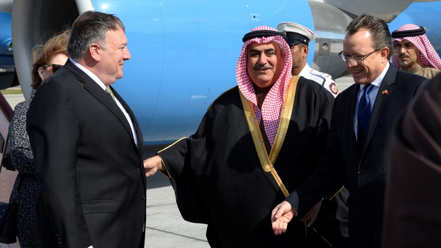 U.S. Secretary of State Mike Pompeo is greeted by Bahraini Foreign Minister Khalid bin Ahmed Al Khalifa after arriving at Manama International Airport in Manama, Bahrain, January 11, 2019.  Andrew Caballero-Reynolds/Pool via REUTERS - RC18014FB370