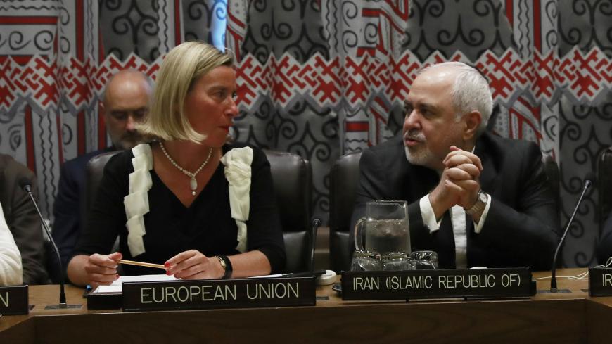 Federica Mogherini, High Representative for Foreign Affairs and Security Policy and Vice-President of the European Commission, speaks with Iran's Foreign Minister Javad Zarif during a meeting among remaining parties to the Iran nuclear deal at United Nations headquarters in New York City, New York, U.S., September 25, 2019. REUTERS/Yana Paskova - HP1EF9P13PXEY