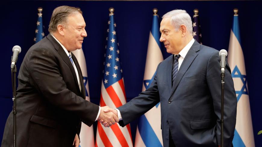 U.S. Secretary of State Mike Pompeo and Israeli Prime Minister Benjamin Netanyahu attend a meeting in Jerusalem, Friday, October 18, 2019. Sebastian Scheiner/Pool via REUTERS *** Local Caption *** - RC1FF553CB60