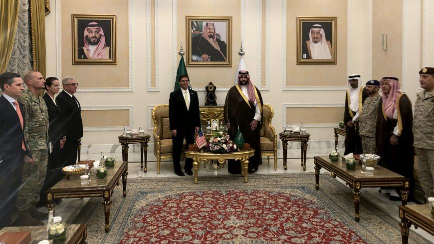 U.S. Defense Secretary Mark Esper is welcomed by Saudi Arabia's Deputy Defense Minister Prince Khalid bin Salman, in Riyadh, Saudi Arabia October 21, 2019. REUTERS/Idrees Ali - RC14E5C39AA0