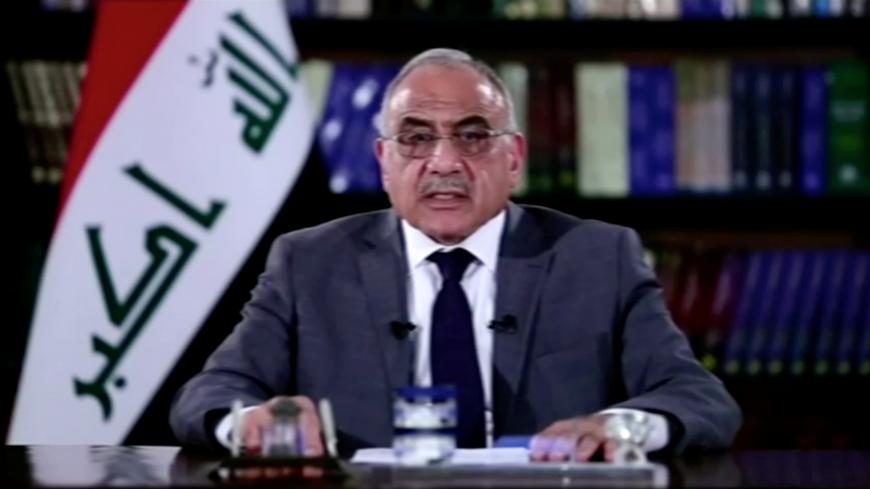 A still image taken from a video shows Iraqi Prime Minister Adel Abdul-Mahdi delivering a speech on reforms ahead of planned protest, in Baghdad, Iraq October 25, 2019. IRAQIYA TV via REUTERS TV IRAQ OUT. - RC187EDA2AF0