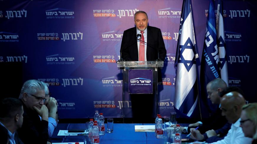 Avigdor Lieberman, leader of Yisrael Beitenu party, delivers a statement following his party faction meeting, near Neve Ilan, Israel September 22, 2019. REUTERS/Ronen Zvulun - RC12484A8A10