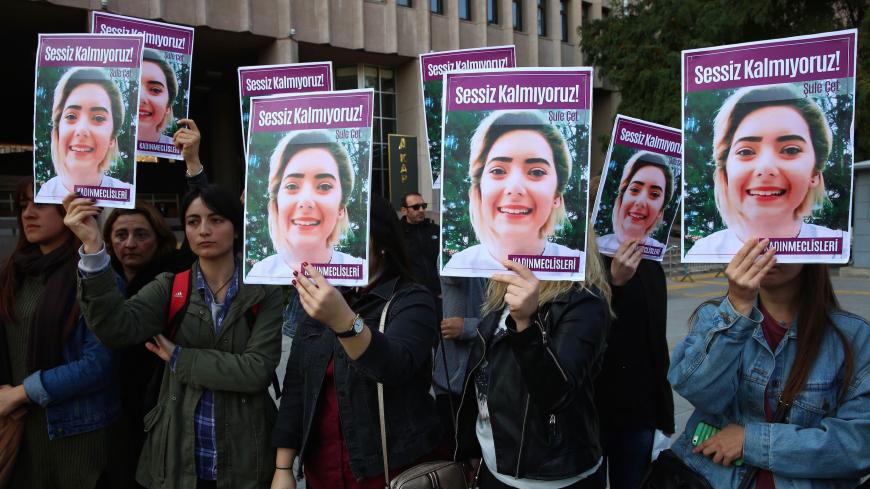Women protest femicide before the trial regarding the death of Sule Cet, who was allegedly killed by being thrown off the 20th floor of a luxury building in Ankara, on November 8, 2018. (Photo by ADEM ALTAN / AFP)        (Photo credit should read ADEM ALTAN/AFP via Getty Images)