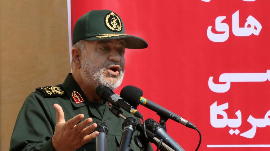 Iranian Revolutionary Guards commander Major General Hossein Salami speaks at the podium during an inaugural ceremony unveiling the new murals painted on the walls of the former US embassy in the capital Tehran on November 2, 2019. (Photo by ATTA KENARE / AFP) (Photo by ATTA KENARE/AFP via Getty Images)