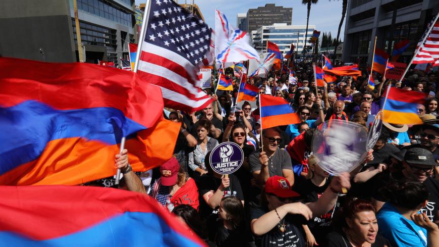 Protesters rally outside the Turkish Consulate in commemoration of the 102nd anniversary of the Armenian genocide in Los Angeles, California, U.S., April 24, 2017.  REUTERS/Mike Blake - RC14B754A0D0