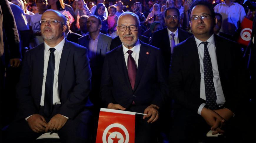 Leader of the Islamist Ennahda party Rachid Ghannouchi attends presidential candidate Abdelfattah Mourou's election campaign in Tunis, Tunisia, September 13, 2019. REUTERS/Muhammad Hamed REFILE - CORRECTING IDENTITY, ACTION AND EVENT - RC132F03FE50