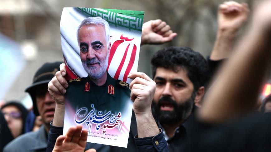 Iranian demonstrators chant slogans during a protest against the assassination of the Iranian Major-General Qassem Soleimani, head of the elite Quds Force, and Iraqi militia commander Abu Mahdi al-Muhandis, who were killed in an air strike at Baghdad airport, in front of United Nation office in Tehran, Iran January 3, 2020. WANA (West Asia News Agency)/Nazanin Tabatabaee via REUTERS ATTENTION EDITORS - THIS IMAGE HAS BEEN SUPPLIED BY A THIRD PARTY. - RC2G8E9UFHDR