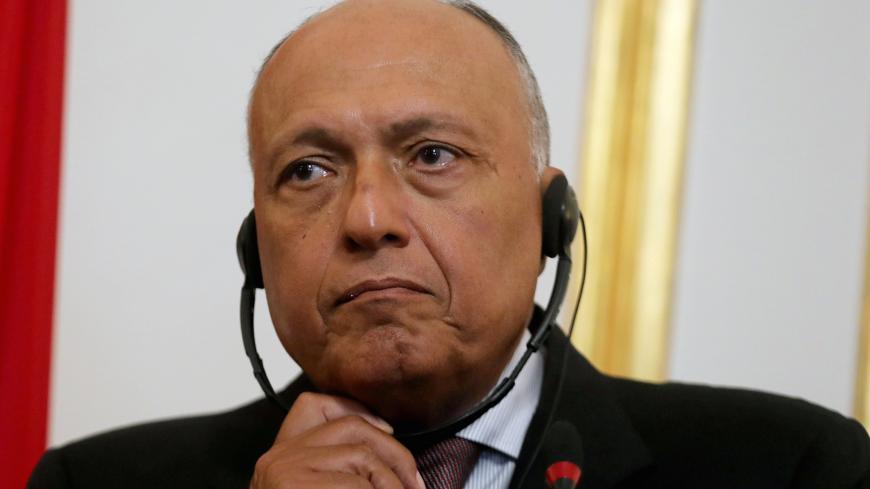 Egyptian Foreign Minister Sameh Shoukry attends a news conference with French Foreign Minister Jean-Yves Le Drian (not pictured) in Cairo, Egypt September 17, 2019. REUTERS/Mohamed Abd El Ghany - RC19939499A0