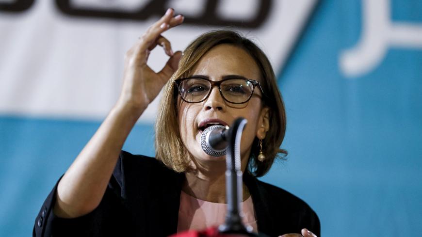 Heba Yazbak, Israeli Arab member of the Balad (National Democratic Alliance) party, speaks during a campaign rally for the Joint List political alliance ahead of upcoming September parliamentary elections, in the Arab town of Kafr Yasif in northern Israel on August 23, 2019. (Photo by AHMAD GHARABLI / AFP)        (Photo credit should read AHMAD GHARABLI/AFP via Getty Images)