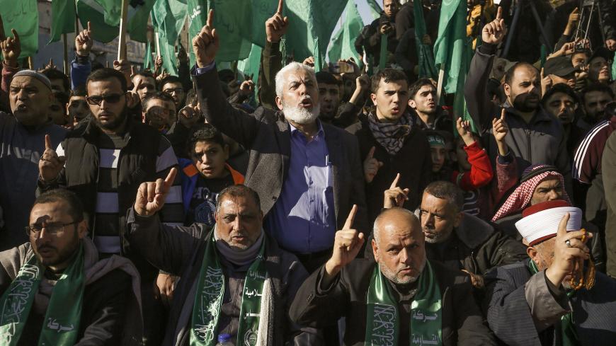 Palestinian supporters of the Hamas mouvement attend a rally calling for the recognition of Jerusalem as the capital of the future Palestinian state, in Gaza City  on January 3, 2020. (Photo by MOHAMMED ABED / AFP) (Photo by MOHAMMED ABED/AFP via Getty Images)