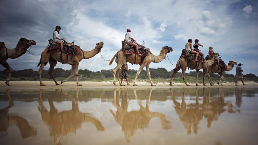 Tourists are reflected in the waters of the Pacific Ocean as they ride on a camel safari along Lighthouse Beach, north of Sydney, December 4, 2014. For 25 years camel rides on this beach have given visitors to Australia's holiday coast a rare experience available only in a handful of locations in the country. Australia's long history with the 'ships of the desert' goes back to the 1800s when they were imported from Afghanistan and India for use as transportation across Australia's vast deserts before being 