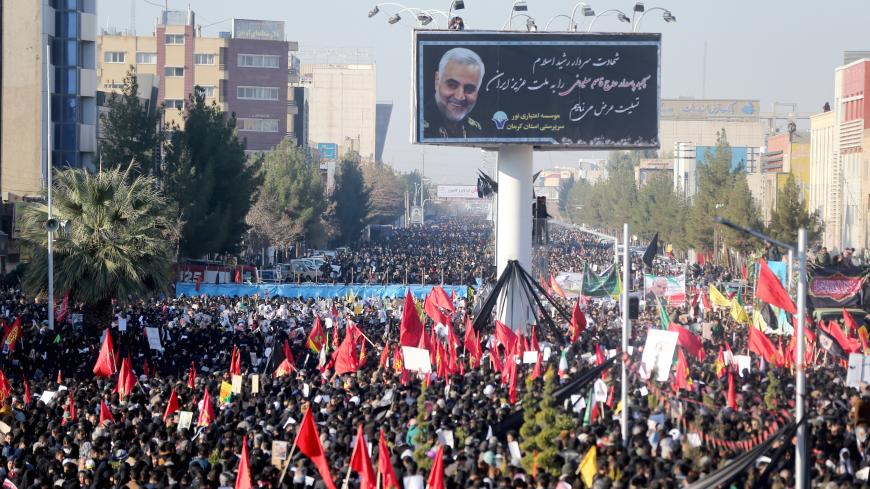 Iranian people attend a funeral procession and burial for Iranian Major-General Qassem Soleimani, head of the elite Quds Force, who was killed in an air strike at Baghdad airport, at his hometown in Kerman, Iran January 7, 2020. Mehdi Bolourian/Fars News Agency/WANA (West Asia News Agency) via REUTERS ATTENTION EDITORS - THIS IMAGE HAS BEEN SUPPLIED BY A THIRD PARTY - RC2XAE9ME6Q8