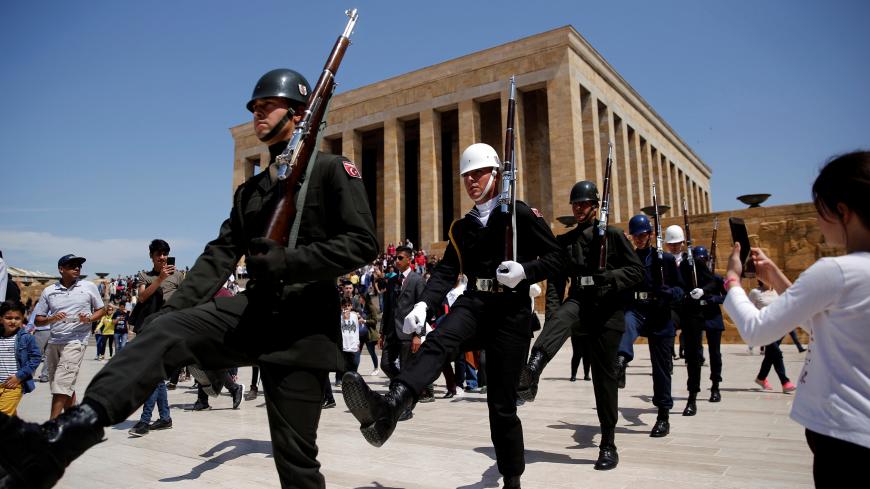 Turkish honour guards march during a changing of the guard ceremony at Anitkabir, the mausoleum of modern Turkey's founder Mustafa Kemal Ataturk, in Ankara, Turkey, April 28, 2019. REUTERS/Murad Sezer - RC1E4FF90800