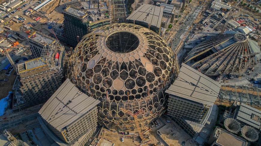 An aerial view taken after the recent crowning of Al Wasl dome shows the progress of construction at the Expo 2020 site in Dubai, United Arab Emirates, in this undated picture obtained September 19, 2019. Expo 2020/Handout via REUTERS ATTENTION EDITORS - THIS PICTURE WAS PROVIDED BY A THIRD PARTY. - RC176324ED10