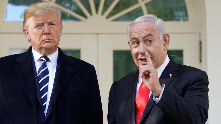 U.S. President Donald Trump and Israeli Prime Minister Benjamin Netanyahu talk outside the Oval Office of the White House in Washington, U.S., January 27, 2020. REUTERS/Kevin Lamarque     TPX IMAGES OF THE DAY - RC2GOE93MYSF