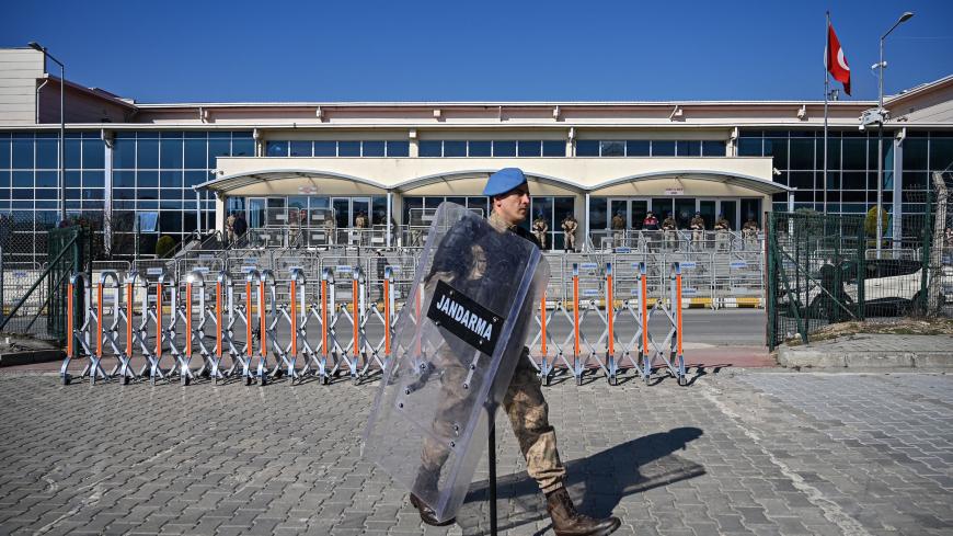 Turkish soldiers stand guard in front of the Silivri Prison and Courthouse complex in Silivri, near Istanbul on February 18, 2020 during the trial of Gezi protests and civil society figure Osman Kavala, along with 15 other people, charged with seeking to overthrow the government. (Photo by Ozan KOSE / AFP) (Photo by OZAN KOSE/AFP via Getty Images)