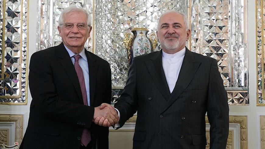 Iranian Foreign Minister Javad Zarif shakes hands with High Representative of the EU for Foreign Affairs and Security Policy and Vice-President of European Commission Josep Borrell in Tehran, Iran, February 3, 2020. Tasnim News Agency/Handout via REUTERS ATTENTION EDITORS - THIS IMAGE WAS PROVIDED BY A THIRD PARTY - RC23TE9Q0VI8