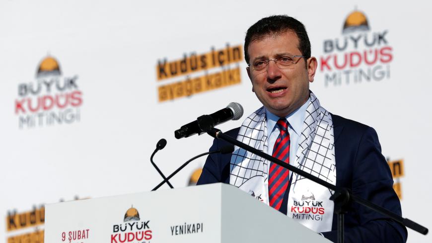 Istanbul Mayor Ekrem Imamoglu makes a speech as pro-Palestinian demonstrators take part in a rally to protest against U.S. President Donald Trump's proposed Middle East peace plan, in Istanbul, Turkey, February 9, 2020. REUTERS/Murad Sezer - RC20XE91NUJ8
