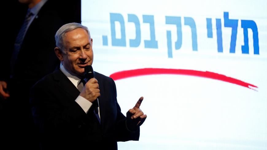 Israeli Prime Minister Benjamin Netanyahu speaks to supporters at a Likud party rally as he campaigns ahead of the upcoming elections, in Rishon Lezion near Tel Aviv, Israel February 18, 2020. REUTERS/Amir Cohen - RC273F9ZZ5BG