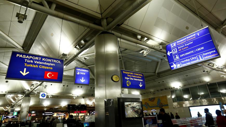 Passport control signs are pictured at the international departure terminal of Ataturk airport in Istanbul, Turkey, January 8, 2018. REUTERS/Murad Sezer - RC1F36DCFD80