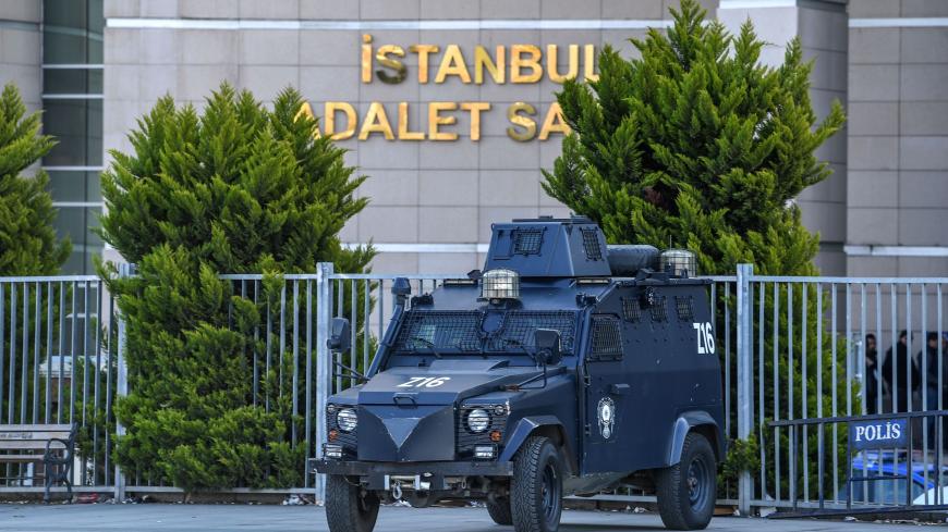 An armored Turkish police vehicle stands outside the courthouse in Istanbul on March 28, 2019, during the trial of Metin Topuz, an US consulate staffer accused of spying and attempting to overthrow the government. - Topuz, a Turkish citizen and liaison with the US Drug Enforcement Administration, was arrested in 2017 and has been accused of ties to US-based preacher Fethullah Gulen who Ankara says ordered a failed 2016 coup. (Photo by OZAN KOSE / AFP)        (Photo credit should read OZAN KOSE/AFP via Getty