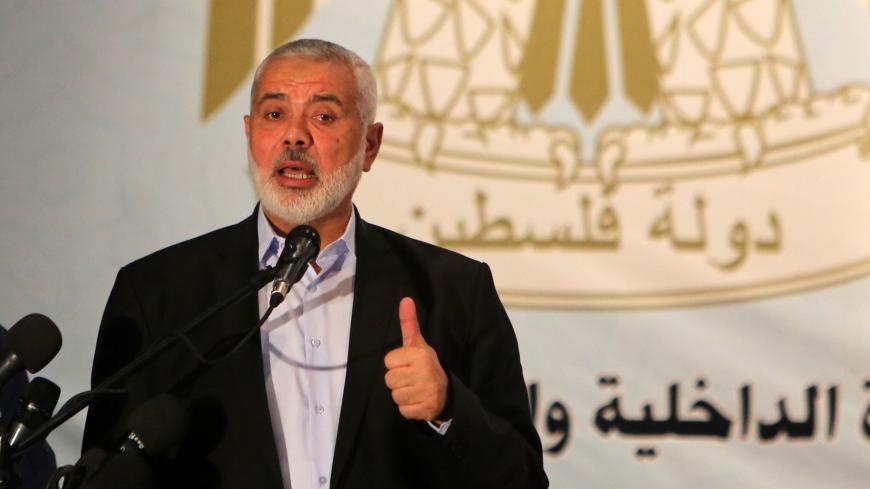Palestinian Hamas chief in the Gaza strip Ismail Haniyeh, gives a speech during a memorial service Three Hamas policemen were killed after two suicide bombings, on September 2, 2019 in Gaza City.
 (Photo by Majdi Fathi/NurPhoto via Getty Images)