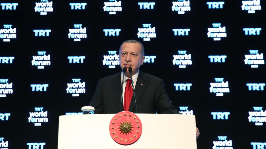 ISTANBUL, TURKEY - OCTOBER 21: President of Turkey Recep Tayyip Erdogan speaks during TRT World Forum 2019, held under main theme of "Globalization in Retreat: Risks and Opportunities" in Istanbul, Turkey on October 21, 2019. (Photo by Murat Kula/Anadolu Agency via Getty Images)